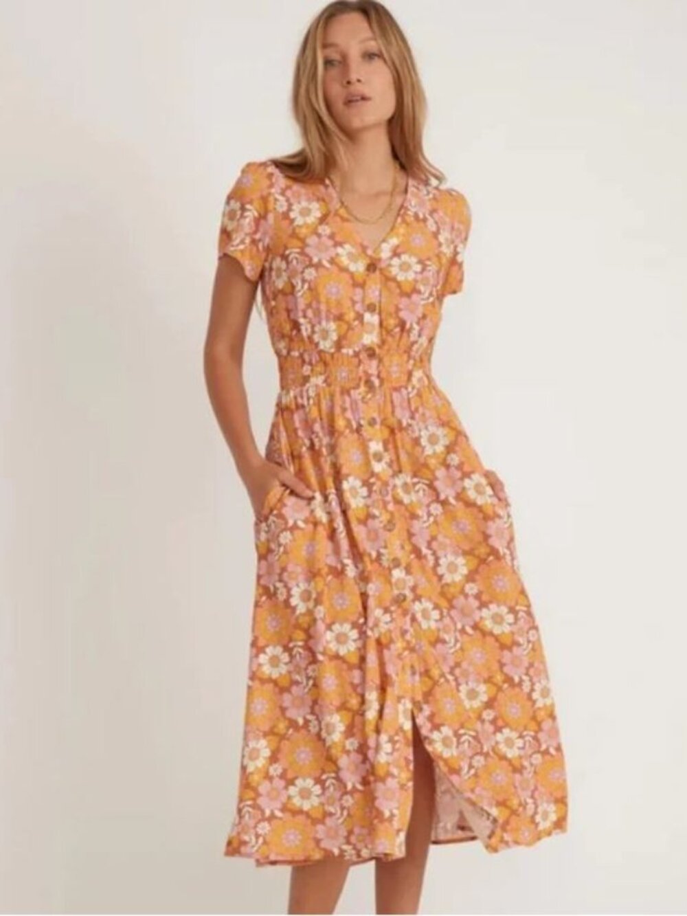Marine Layer || Annika Floral Print Smocked Midi Dress